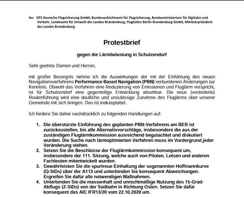 Protestbrief gegen die Lärmbelastung in Schulzendorf