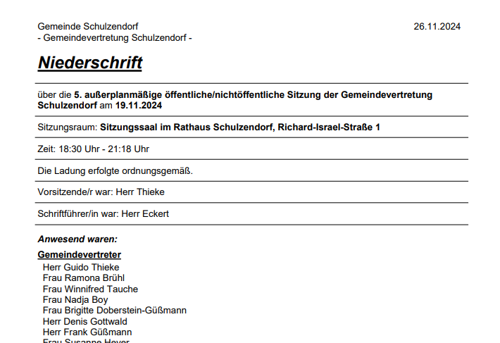 Offizielles Protokoll Gemeindevertretersitzung vom 26.11.2024